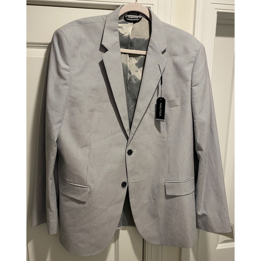 NWT Nautica Blazer Sports Coat Suit Jacket Ocean Blue Pin Stripes Gray 46R  New!